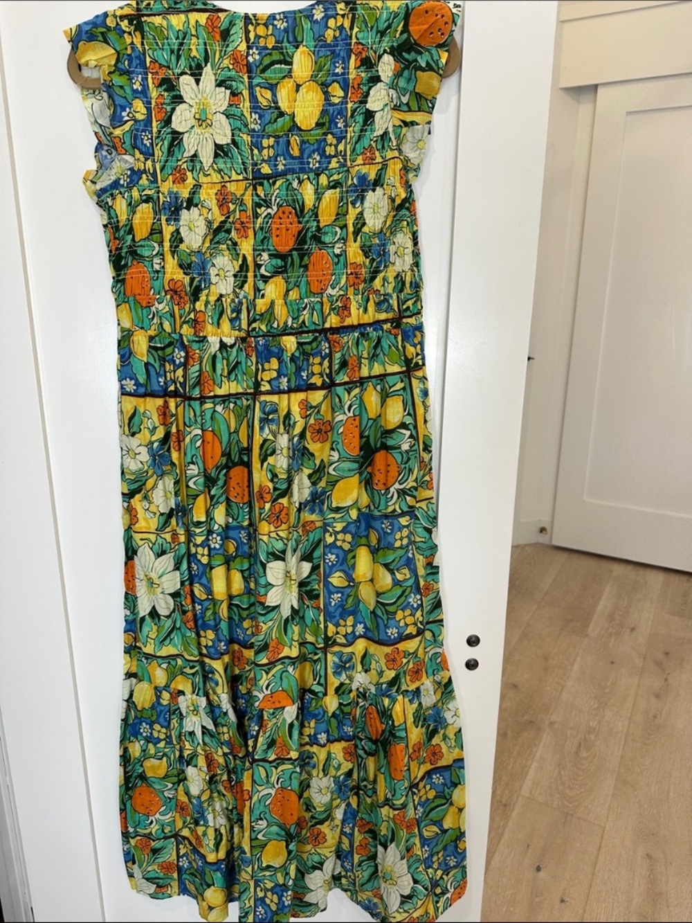 New Anthropologie Peregrine Flutter Sleeve Smocked Maxi Midi Lemon Fruit Dress S - Picture 6 of 6
